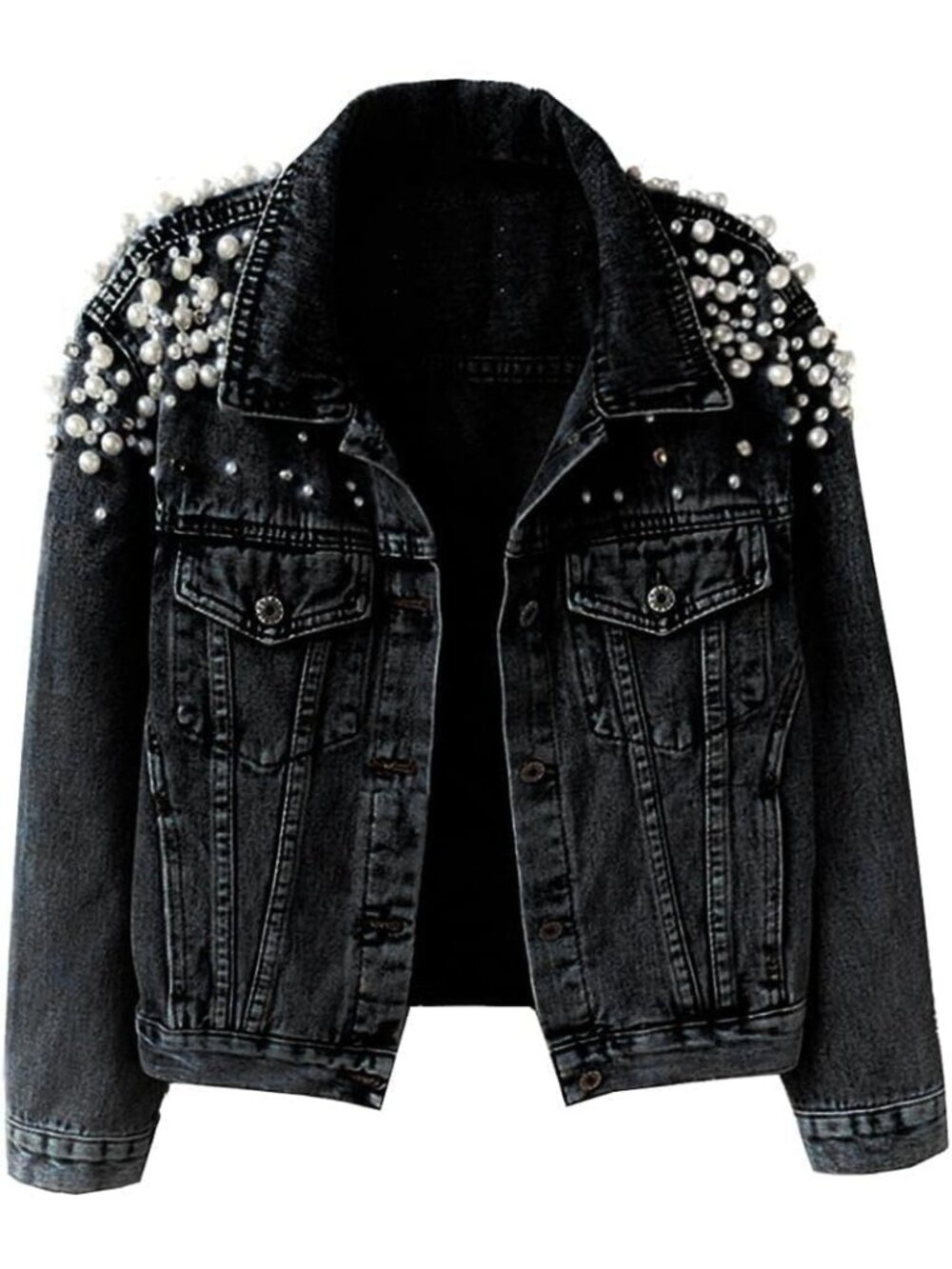 Women's Black Jean Jacket Embroidered Rivet Pearl Short Trendy Denim Jacket Coat